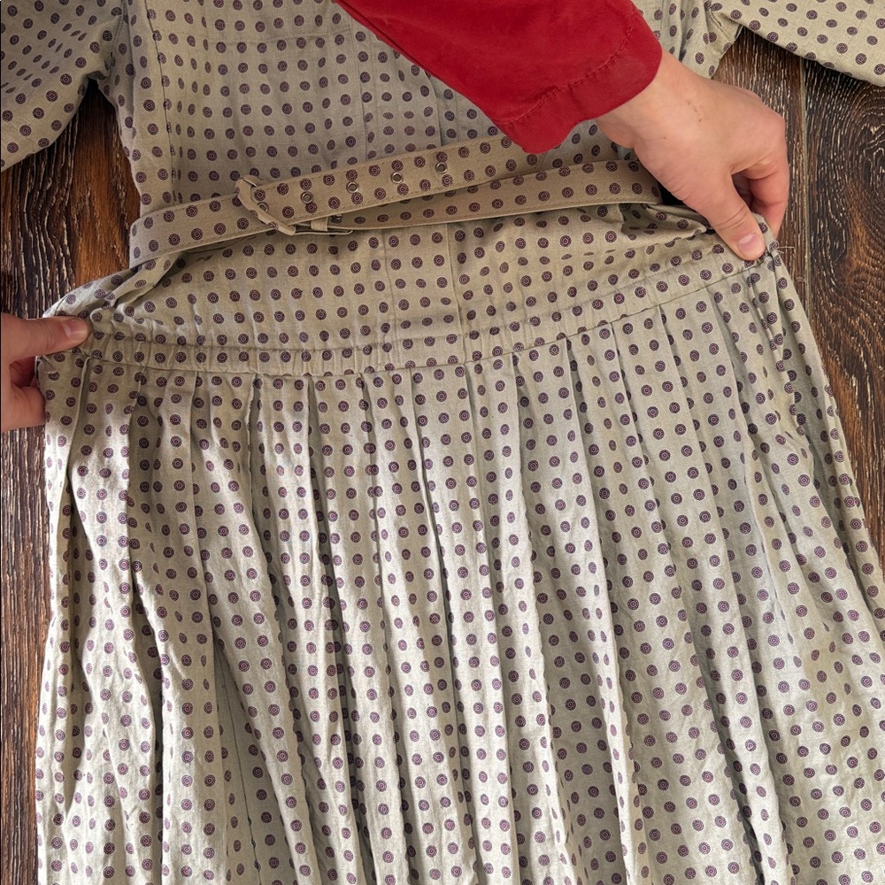 Vintage Polka Dot Midi Dress with Waist Tie - Tan Linen/cotton - Picture 7 of 8